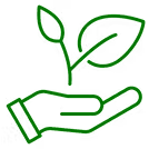 Ikona ruky s listy chioské mastichy, znázorňující ekologické myšlení při výrobě doplňku výživy pro zvířata MasticVital