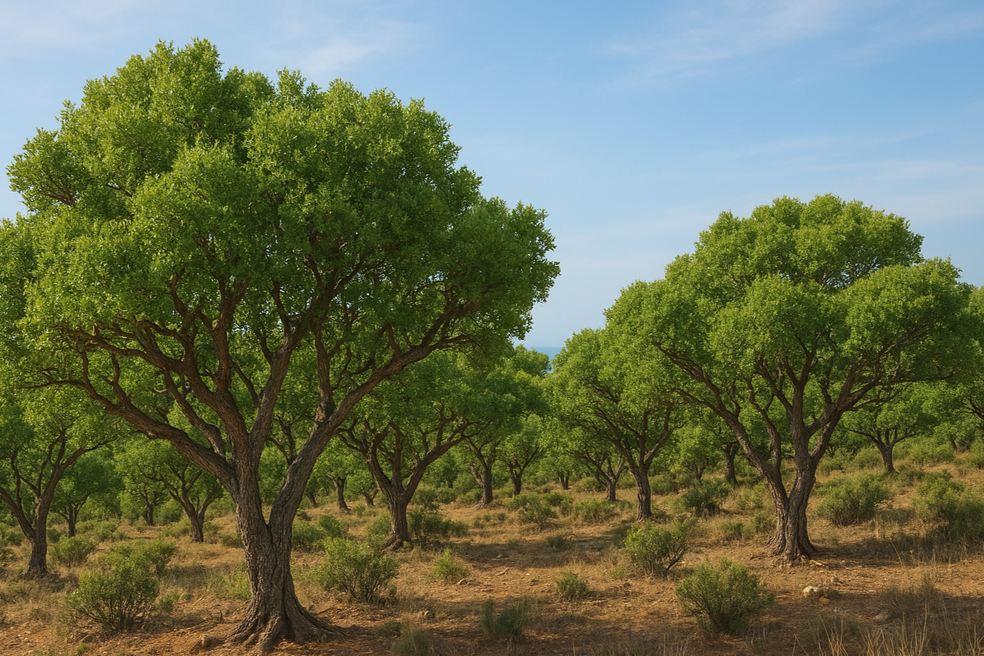 Stromy na ostrově Chios produkující mastichu - hlavní složka doplňků stravy MasticVital 