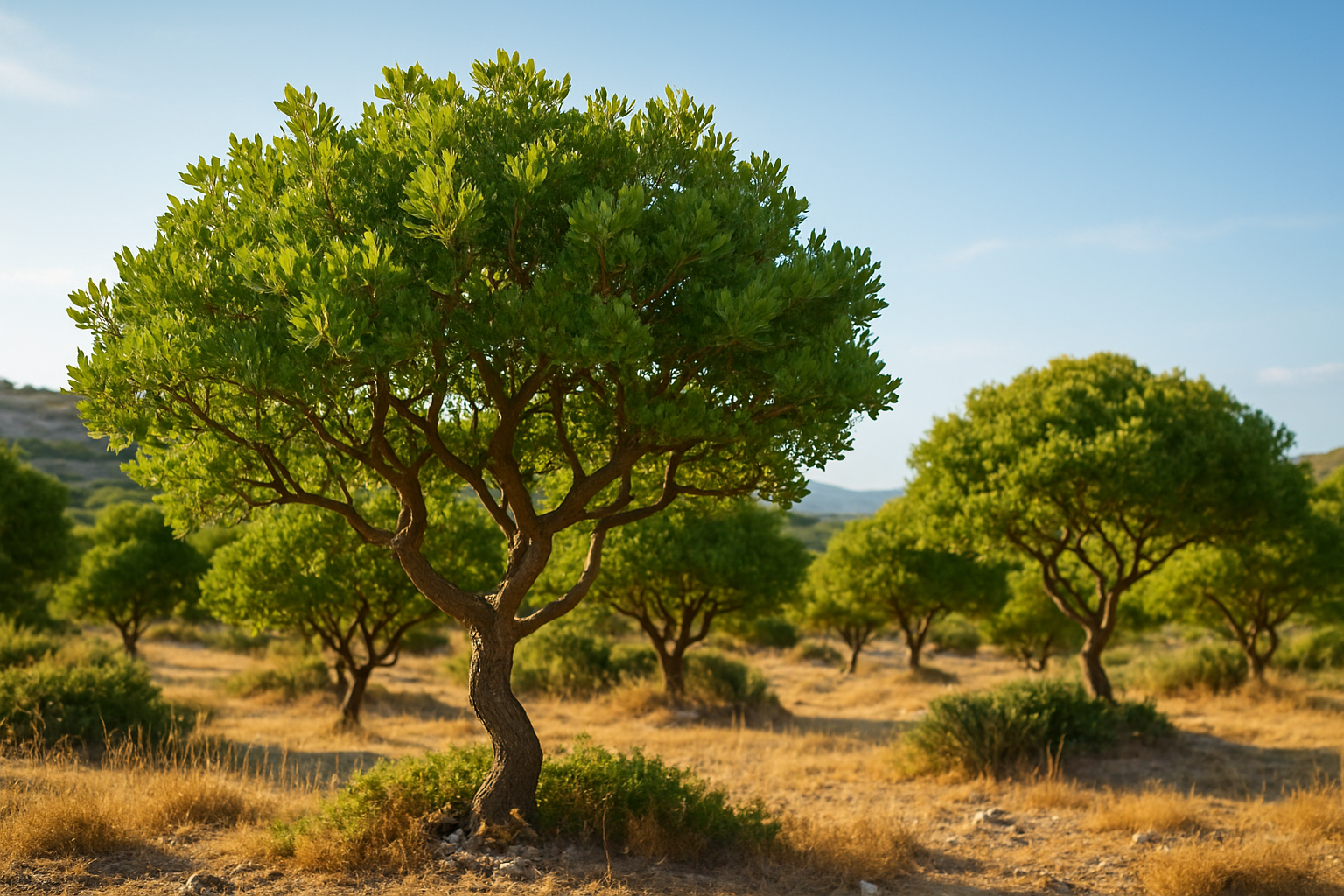Stromy, z jejichž kůry se získává chioská masticha - pryskyřice zlepšující zdraví zvířat
