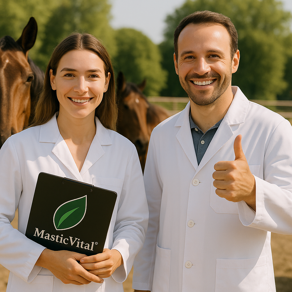 Tým lidí stojících za doplňkem stravy pro koně a další zvířata MasticVital s chioskou mastichou, která podporuje trávení, imunitu, zdraví, vitalitu a kondici všech zvířat