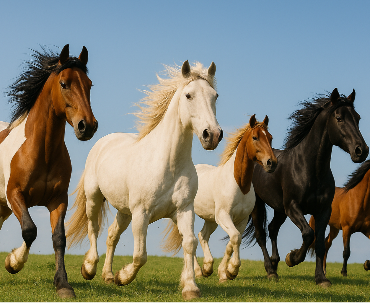 Stádo běžících koní s dobrou vitalitou a kondicí díky přírodnímu doplňku stravy MasticVital HORSE